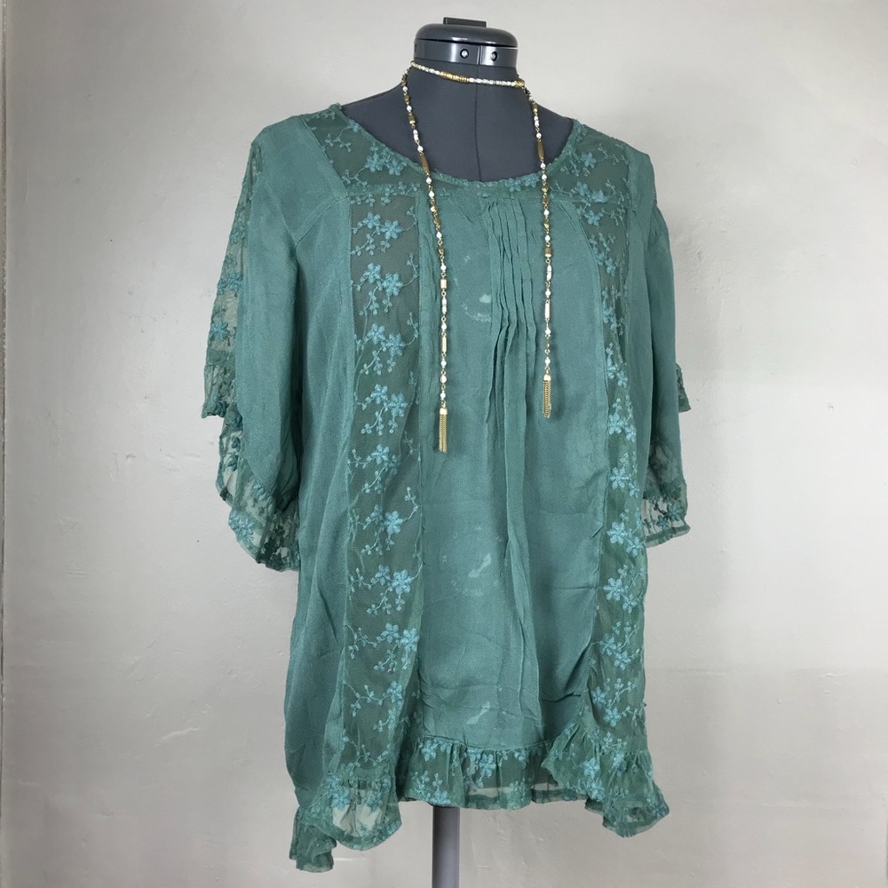World Market Sea Green Lace Pleated Ruffled Top